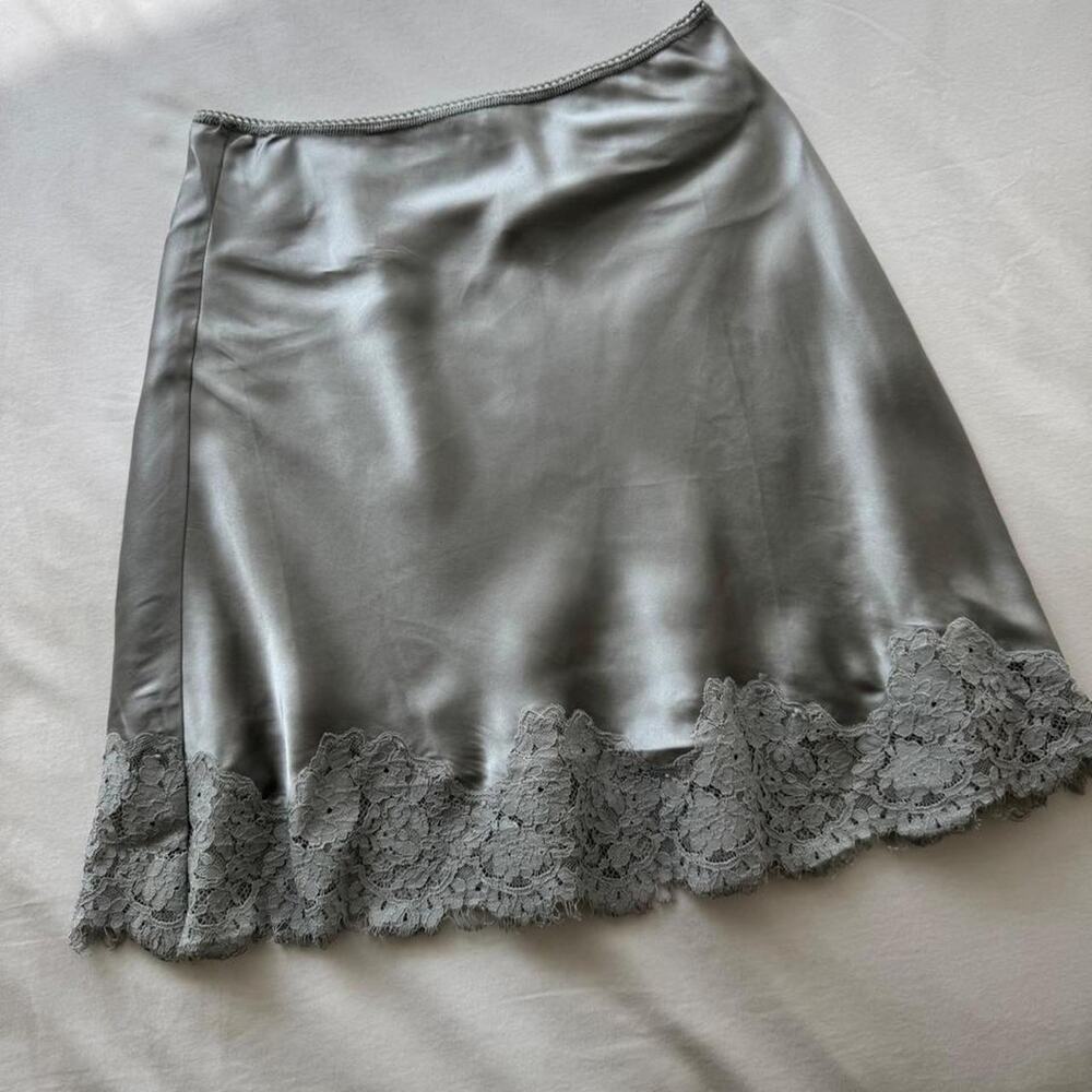 Grayblue real silk midi skirt with lace trim - Picture 2 of 4
